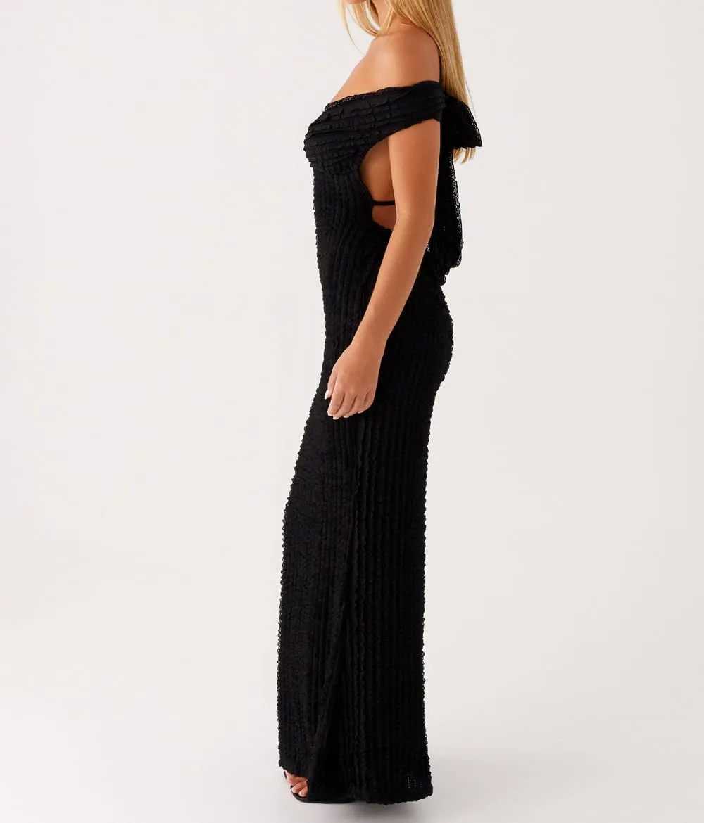 SOLILOQUY Women Elegant Off Shoulder Maxi Dress Ruched Underbust Tie-up Open Back Bodycon Long Dress Party Cocktal Evening