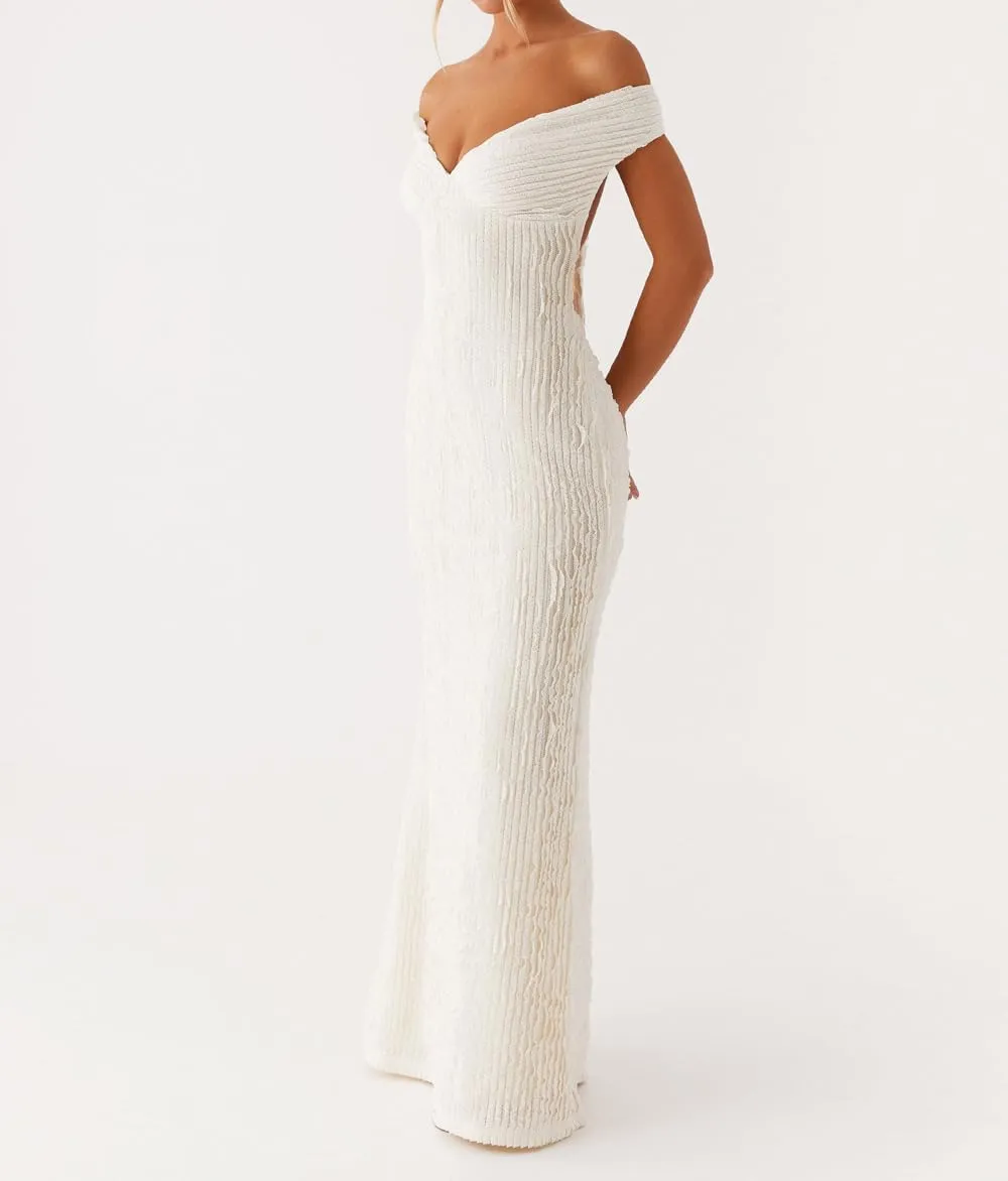 SOLILOQUY Women Elegant Off Shoulder Maxi Dress Ruched Underbust Tie-up Open Back Bodycon Long Dress Party Cocktal Evening