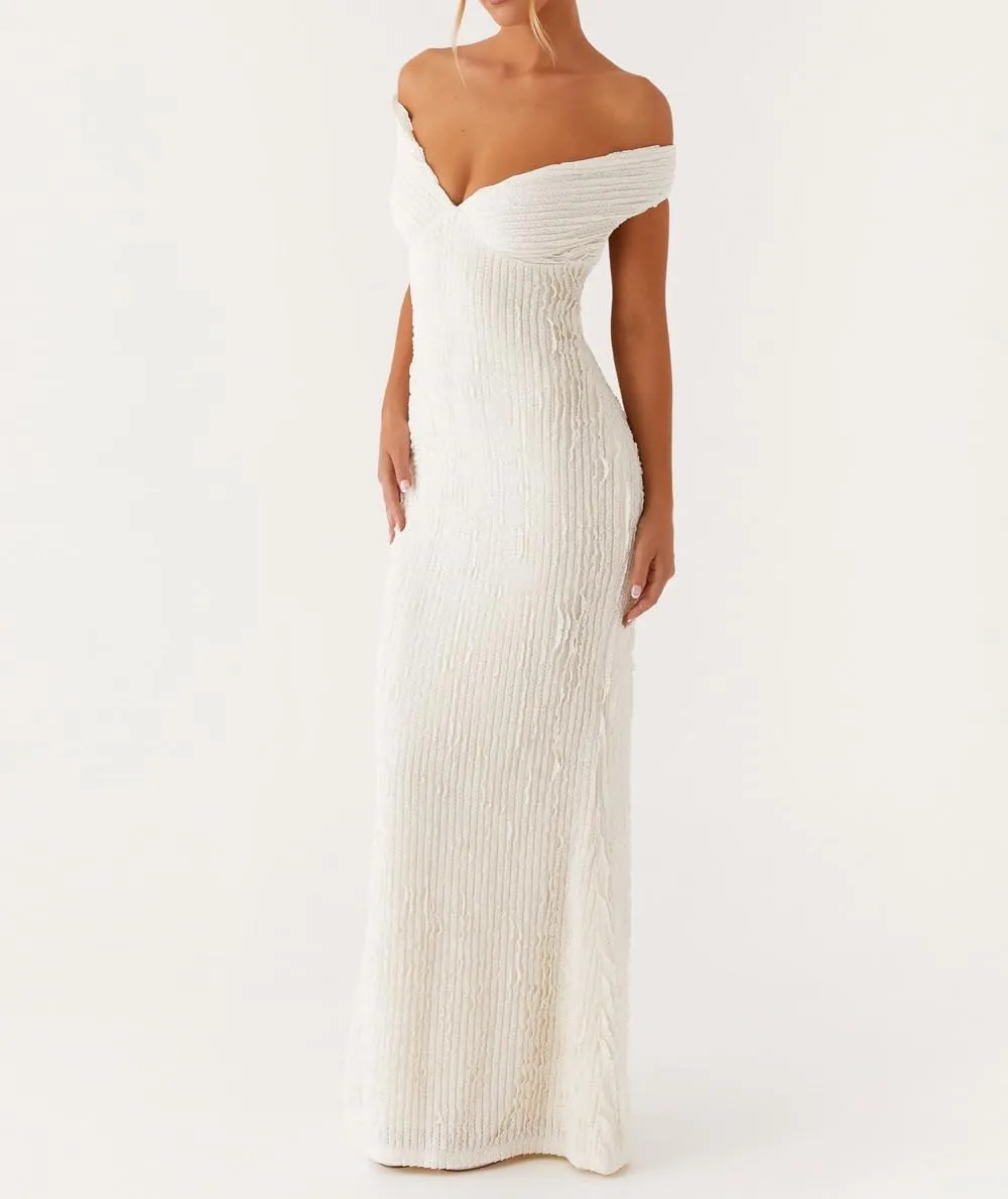 SOLILOQUY Women Elegant Off Shoulder Maxi Dress Ruched Underbust Tie-up Open Back Bodycon Long Dress Party Cocktal Evening