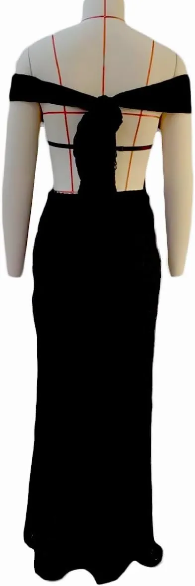 SOLILOQUY Women Elegant Off Shoulder Maxi Dress Ruched Underbust Tie-up Open Back Bodycon Long Dress Party Cocktal Evening