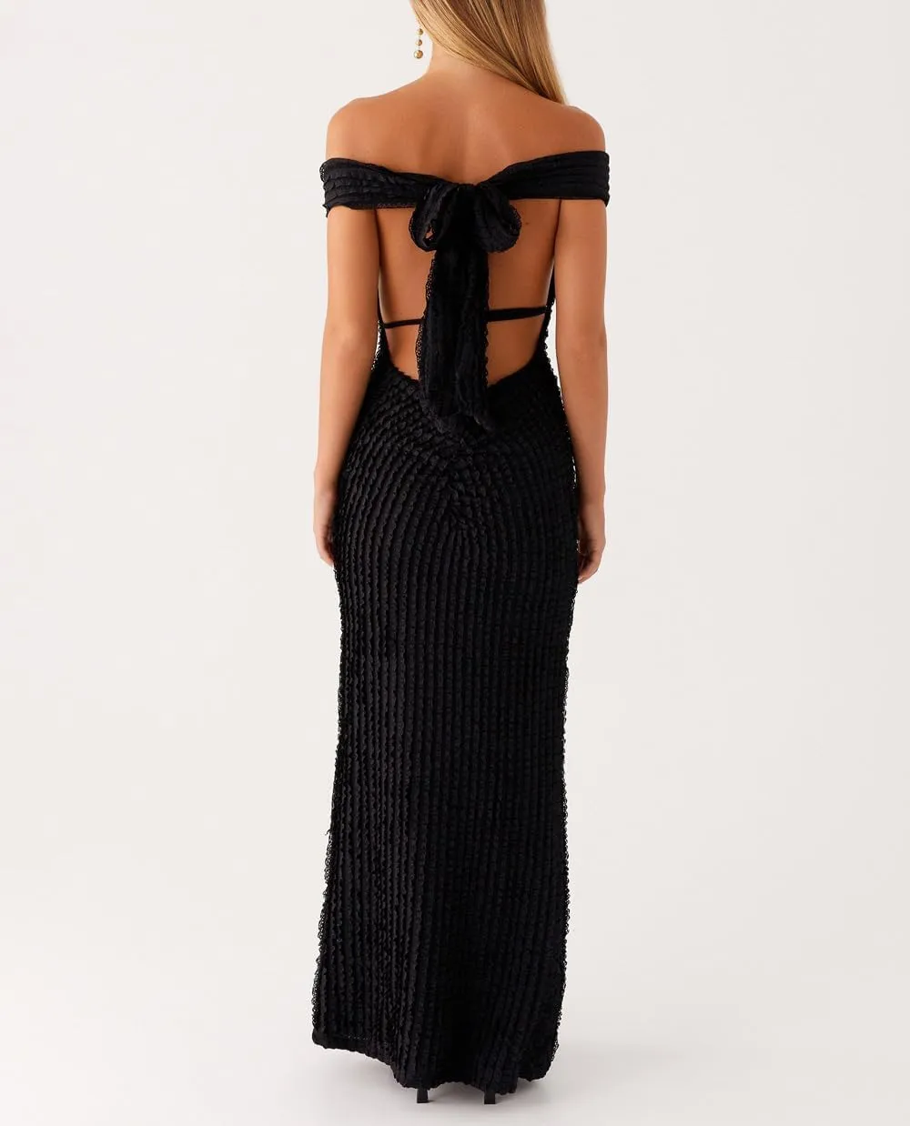 SOLILOQUY Women Elegant Off Shoulder Maxi Dress Ruched Underbust Tie-up Open Back Bodycon Long Dress Party Cocktal Evening