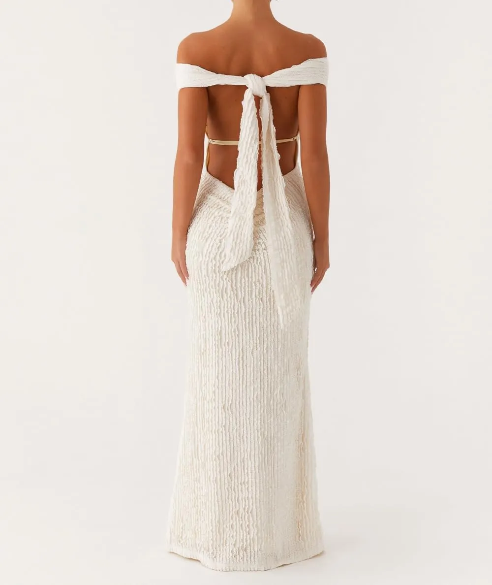 SOLILOQUY Women Elegant Off Shoulder Maxi Dress Ruched Underbust Tie-up Open Back Bodycon Long Dress Party Cocktal Evening