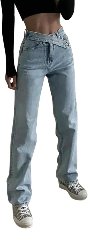 Straight Leg Jeans for Women Women's Solid Color Retro Waistband High Waisted Straight Leg Wide Pants for Women