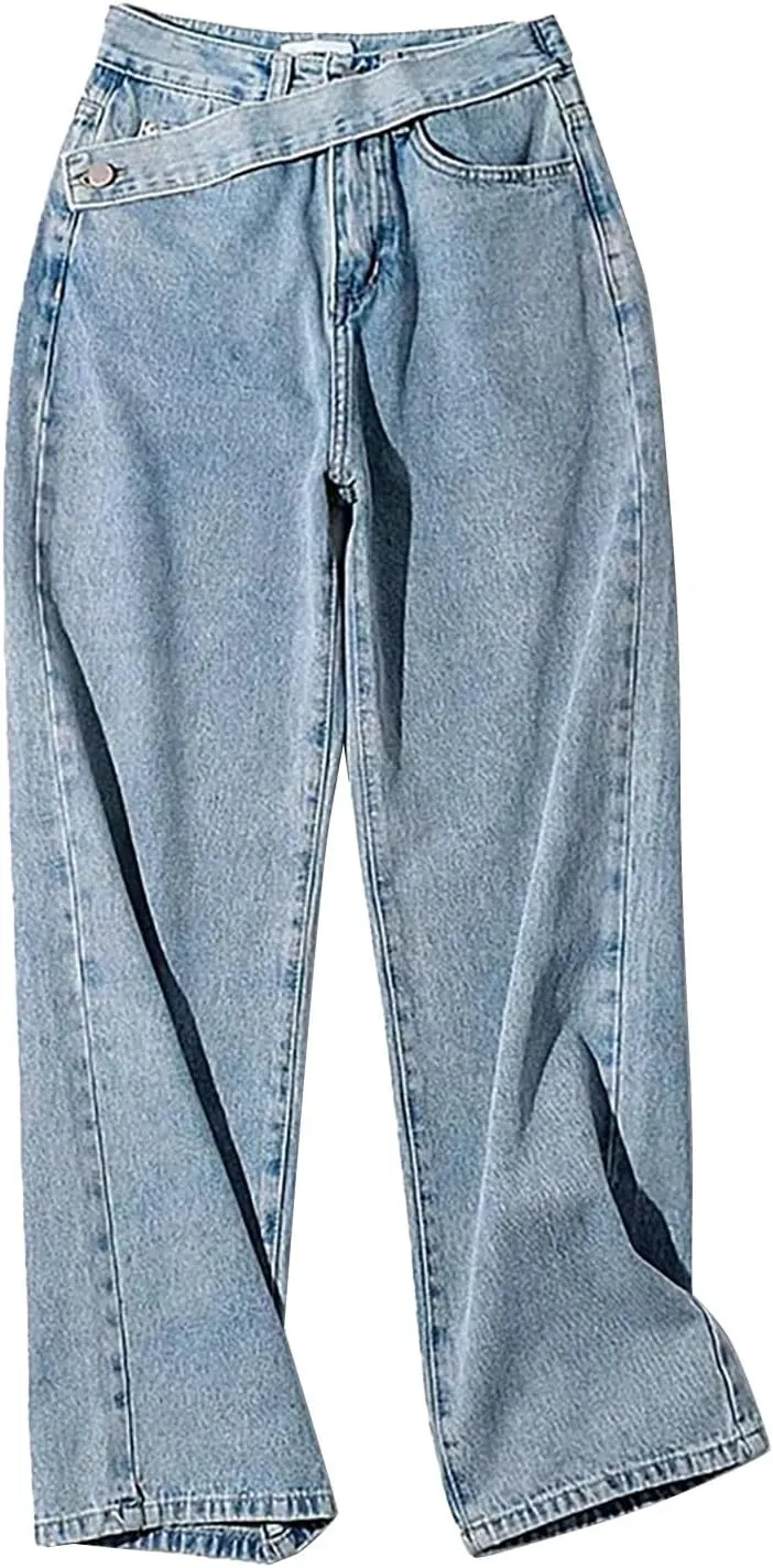 Straight Leg Jeans for Women Women's Solid Color Retro Waistband High Waisted Straight Leg Wide Pants for Women