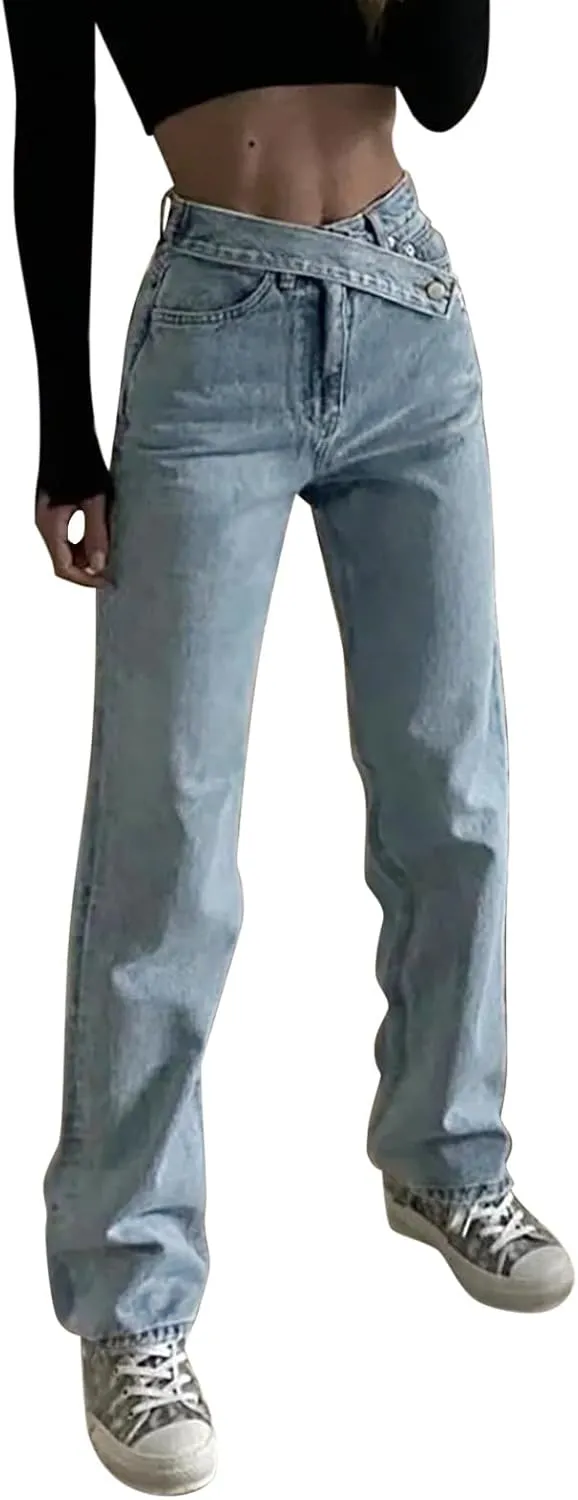 Straight Leg Jeans for Women Women's Solid Color Retro Waistband High Waisted Straight Leg Wide Pants for Women