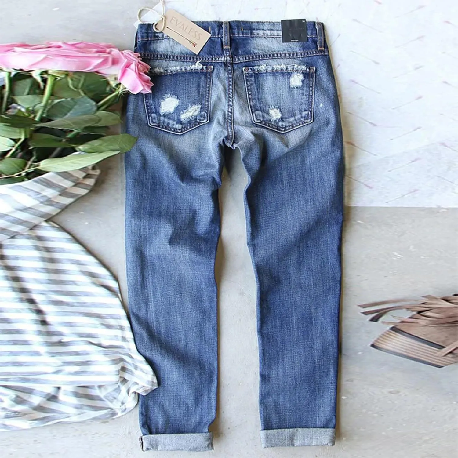 Stretch Jeans for Women Casual Loose High Waisted Denim Pants Trendy Baggy Straight Leg Jeans Trousers