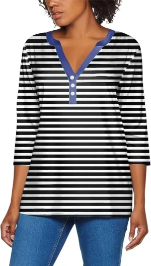 Striped Shirt Women Oversized Color Block Long Sleeve Sweatshirt Pullover Slim Henley Collar Tops Blouse Basic Tee