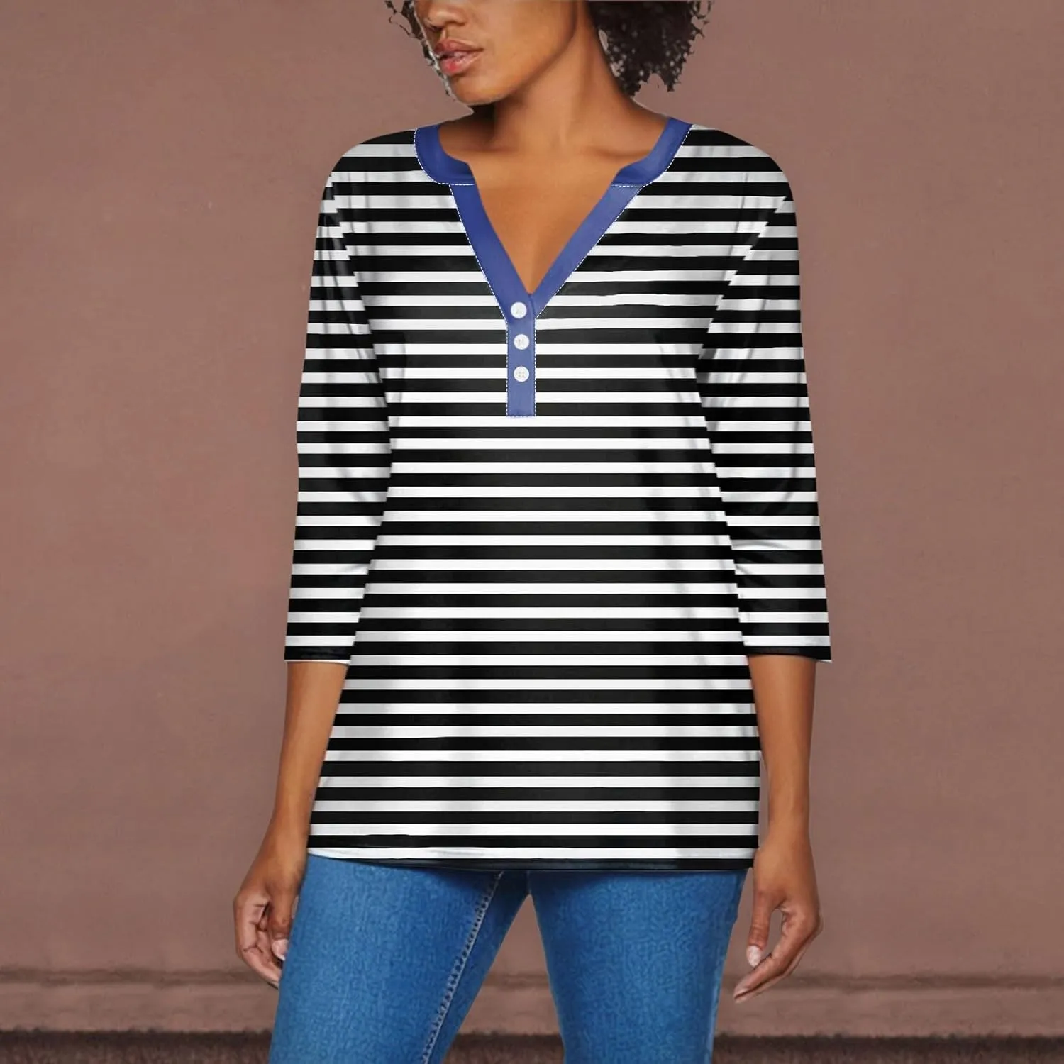 Striped Shirt Women Oversized Color Block Long Sleeve Sweatshirt Pullover Slim Henley Collar Tops Blouse Basic Tee