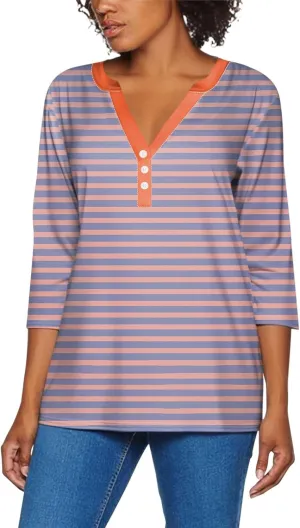 Striped Shirt Women Oversized Color Block Long Sleeve Sweatshirt Pullover Slim Henley Collar Tops Blouse Basic Tee