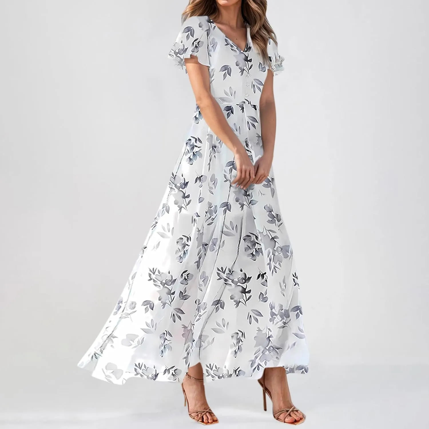 Summer Boho Dresses for Women Empire Waist Long Dress Casual Chiffon Flutter Sleeve Floral Beach Wedding Guest Dresses