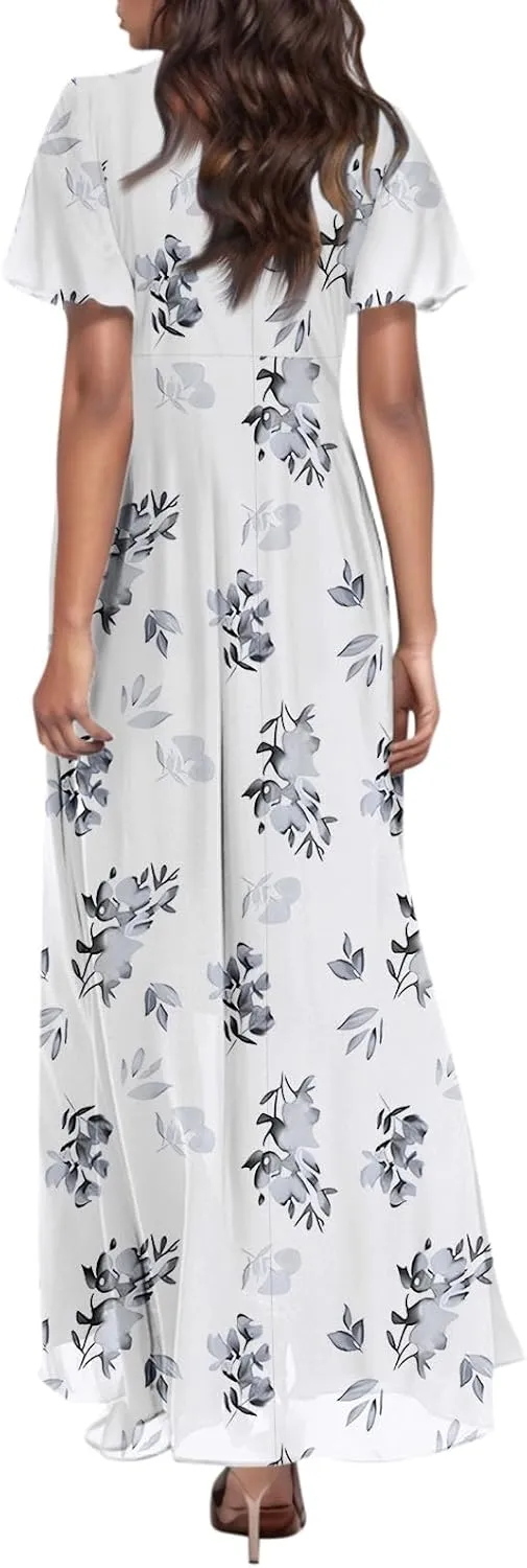 Summer Boho Dresses for Women Empire Waist Long Dress Casual Chiffon Flutter Sleeve Floral Beach Wedding Guest Dresses