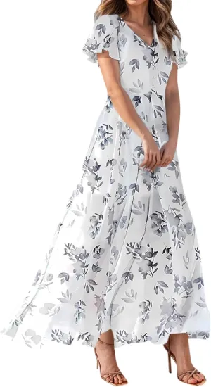 Summer Boho Dresses for Women Empire Waist Long Dress Casual Chiffon Flutter Sleeve Floral Beach Wedding Guest Dresses