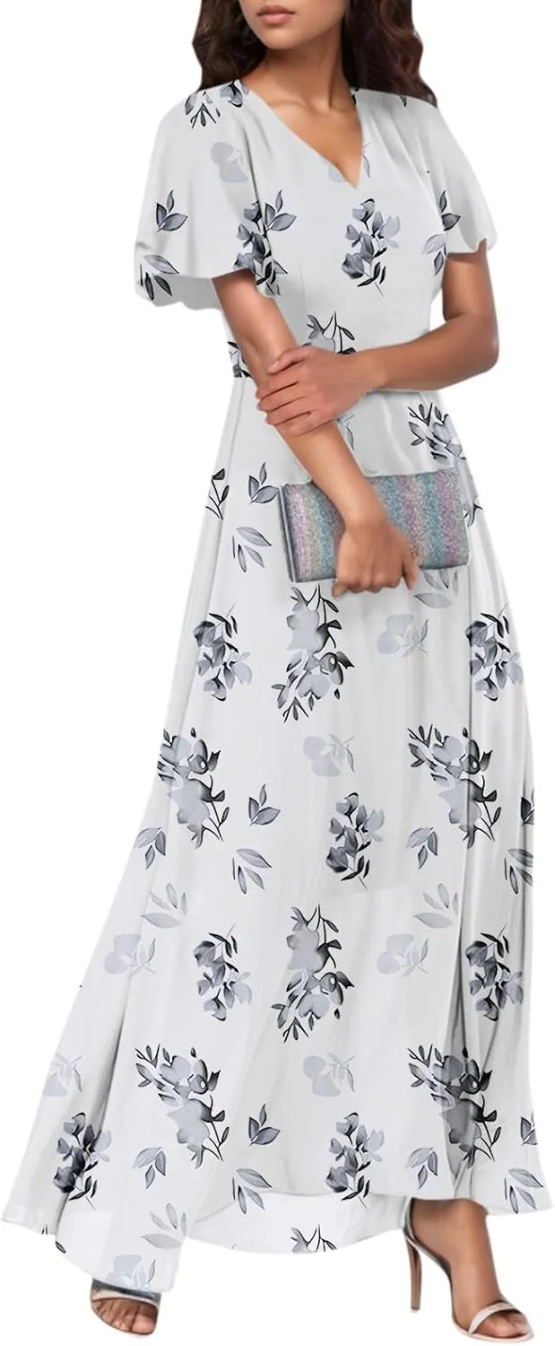 Summer Boho Dresses for Women Empire Waist Long Dress Casual Chiffon Flutter Sleeve Floral Beach Wedding Guest Dresses