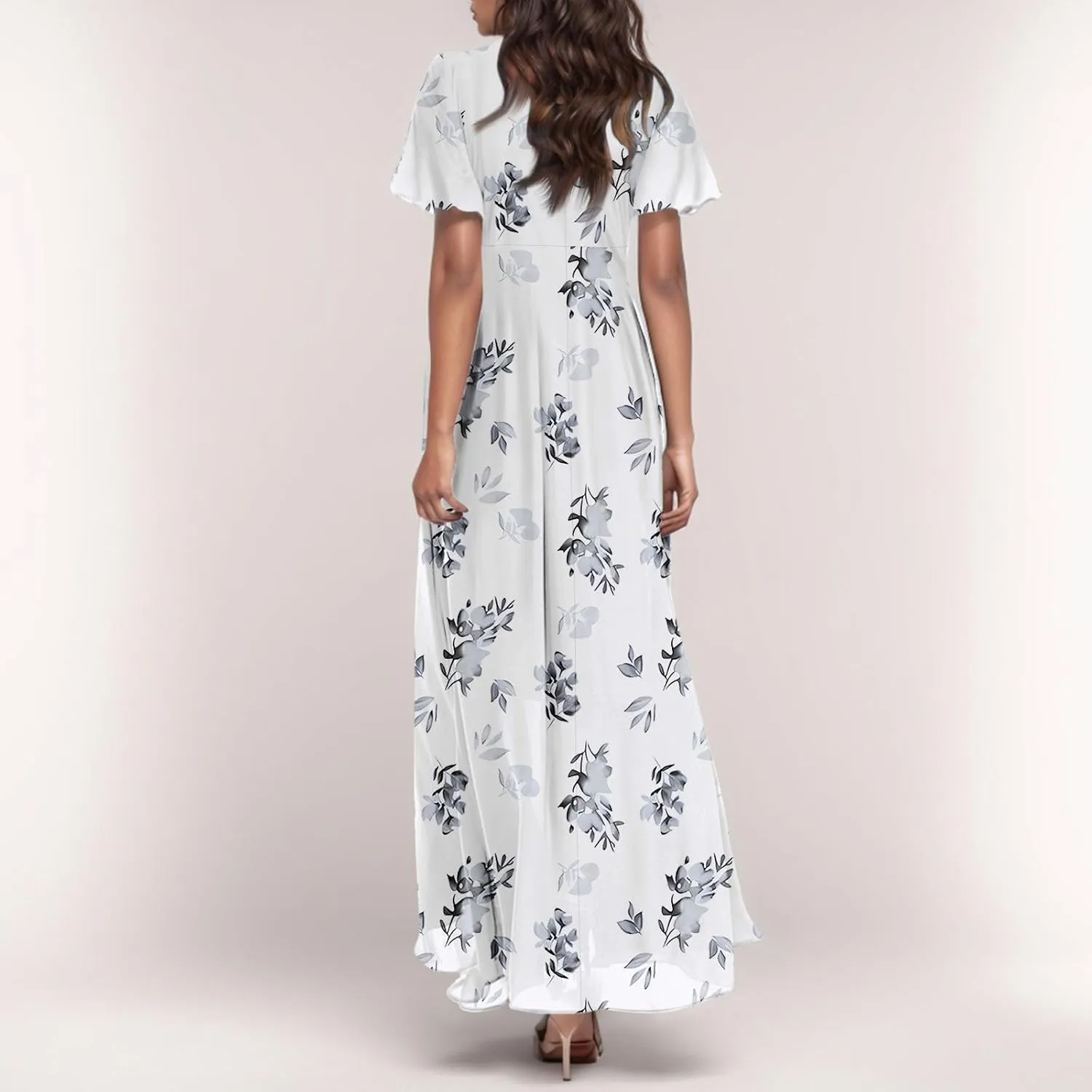 Summer Boho Dresses for Women Empire Waist Long Dress Casual Chiffon Flutter Sleeve Floral Beach Wedding Guest Dresses