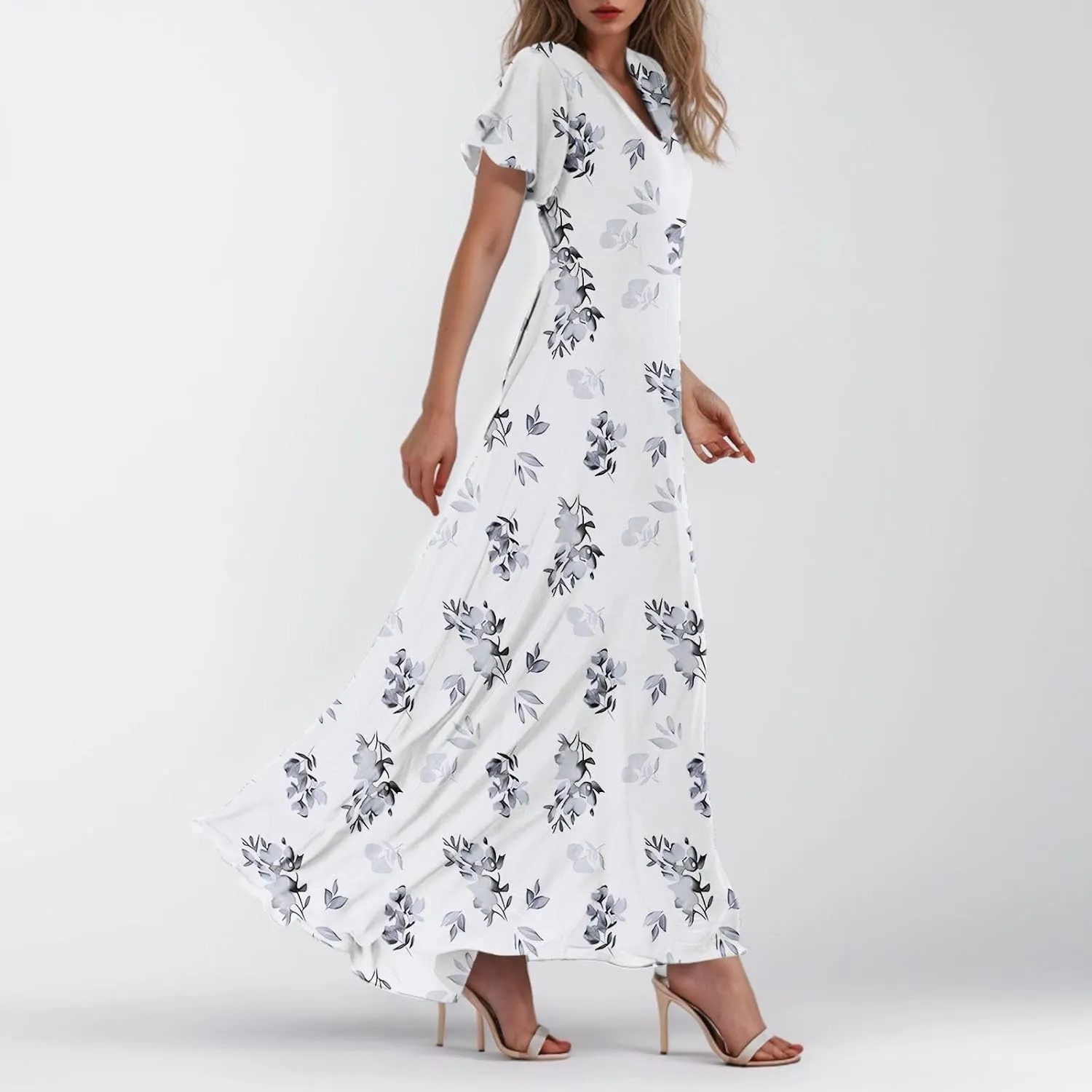 Summer Boho Dresses for Women Empire Waist Long Dress Casual Chiffon Flutter Sleeve Floral Beach Wedding Guest Dresses
