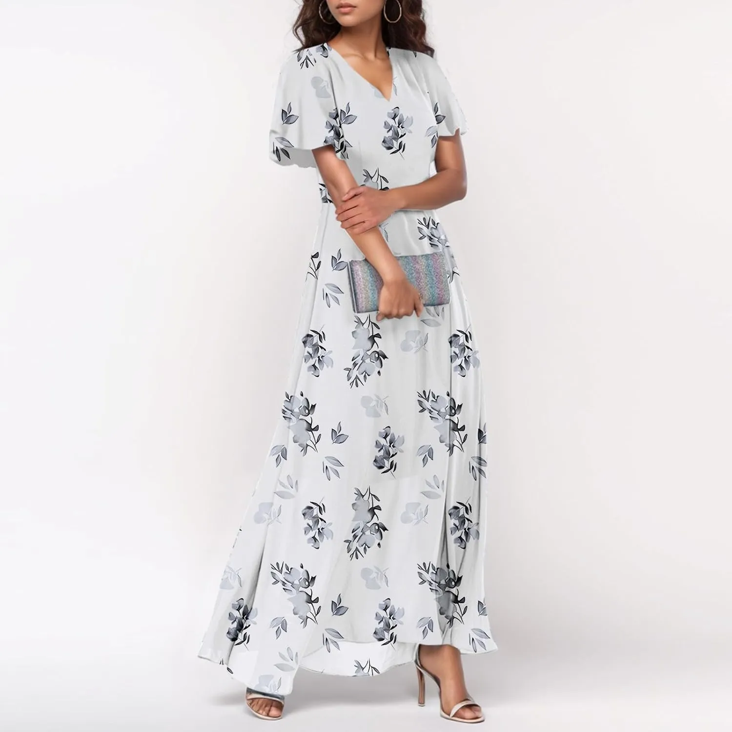 Summer Boho Dresses for Women Empire Waist Long Dress Casual Chiffon Flutter Sleeve Floral Beach Wedding Guest Dresses