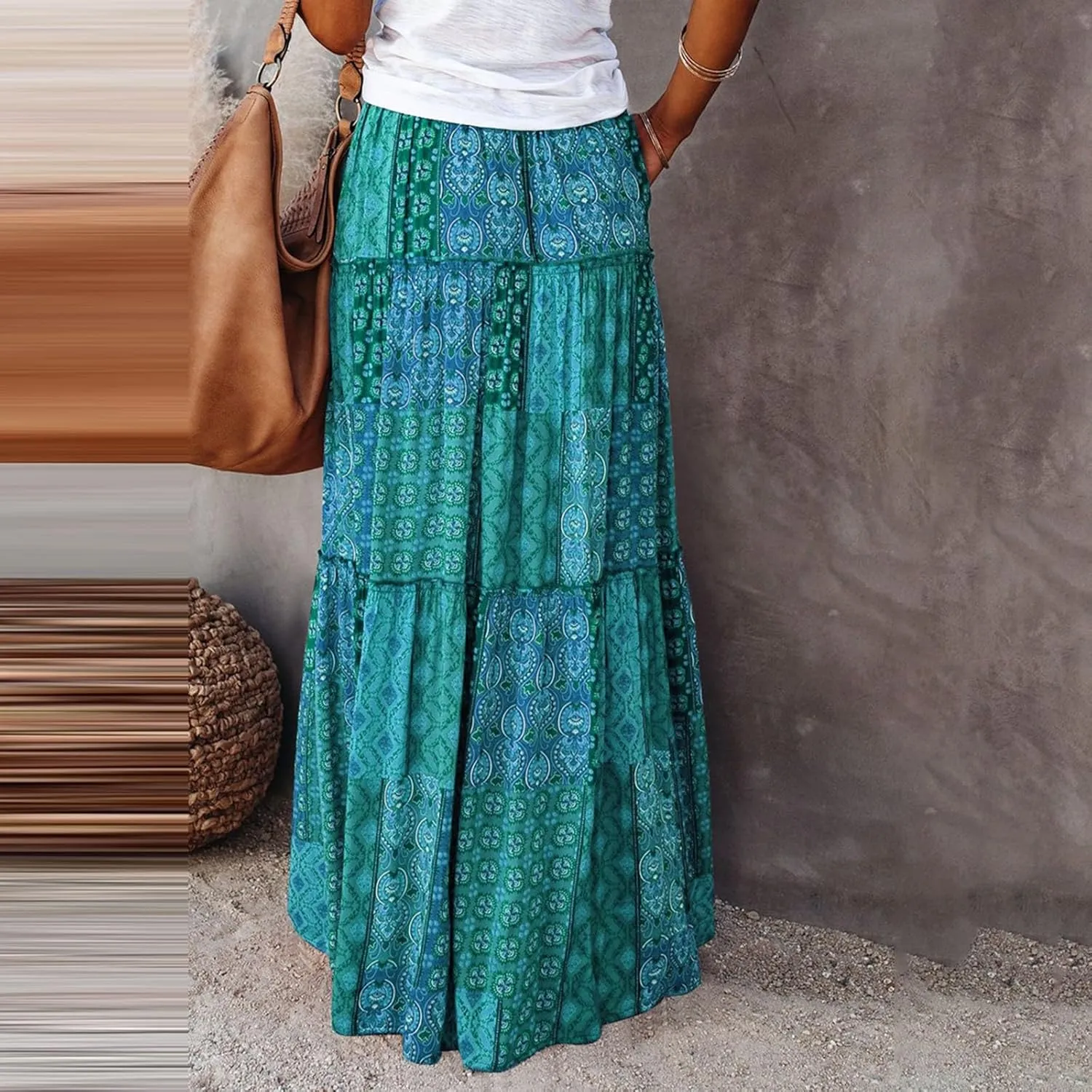 Summer Boho Floral Mixi Skirts for Women Girls A-Line Long Pleated Waist Flowy Swing Tiered Long Skirt with Pockets