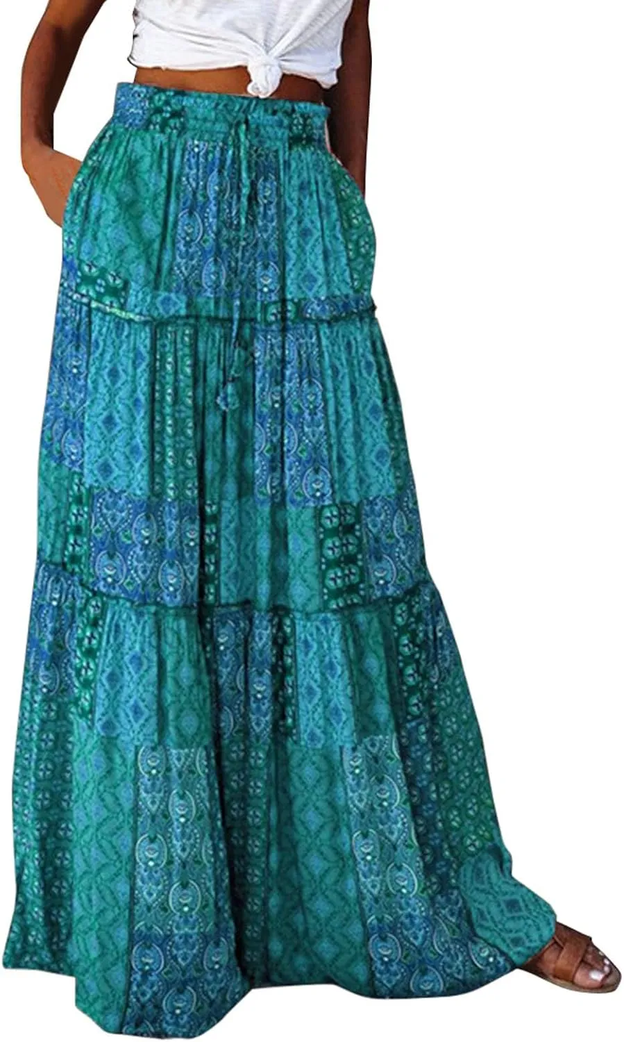 Summer Boho Floral Mixi Skirts for Women Girls A-Line Long Pleated Waist Flowy Swing Tiered Long Skirt with Pockets