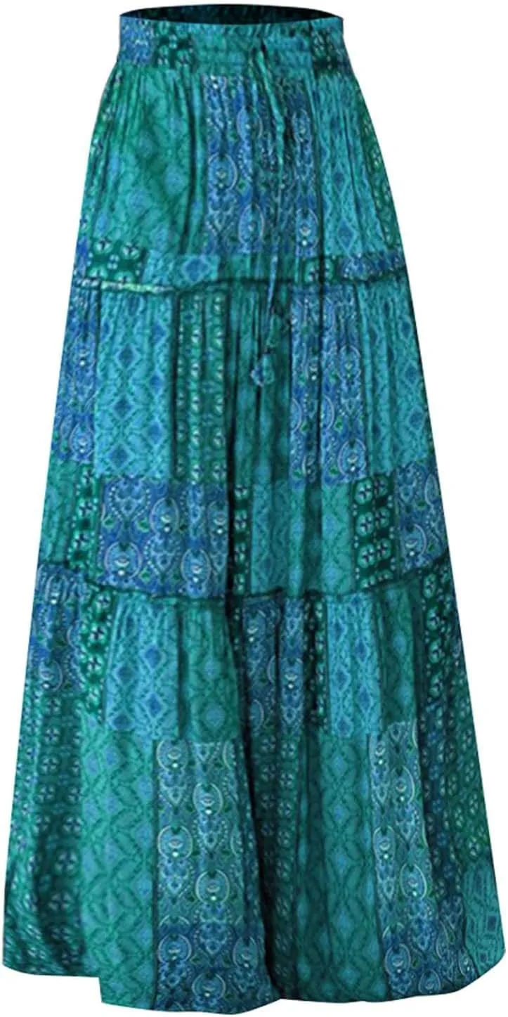 Summer Boho Floral Mixi Skirts for Women Girls A-Line Long Pleated Waist Flowy Swing Tiered Long Skirt with Pockets