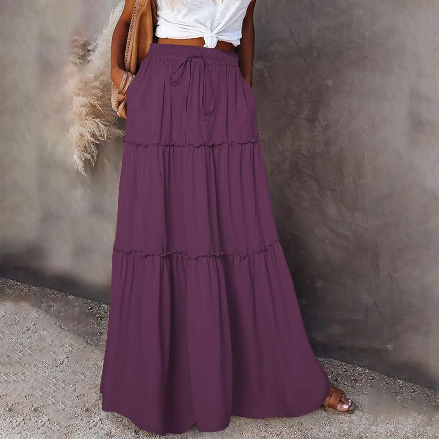 Summer Boho Floral Mixi Skirts for Women Girls A-Line Long Pleated Waist Flowy Swing Tiered Long Skirt with Pockets