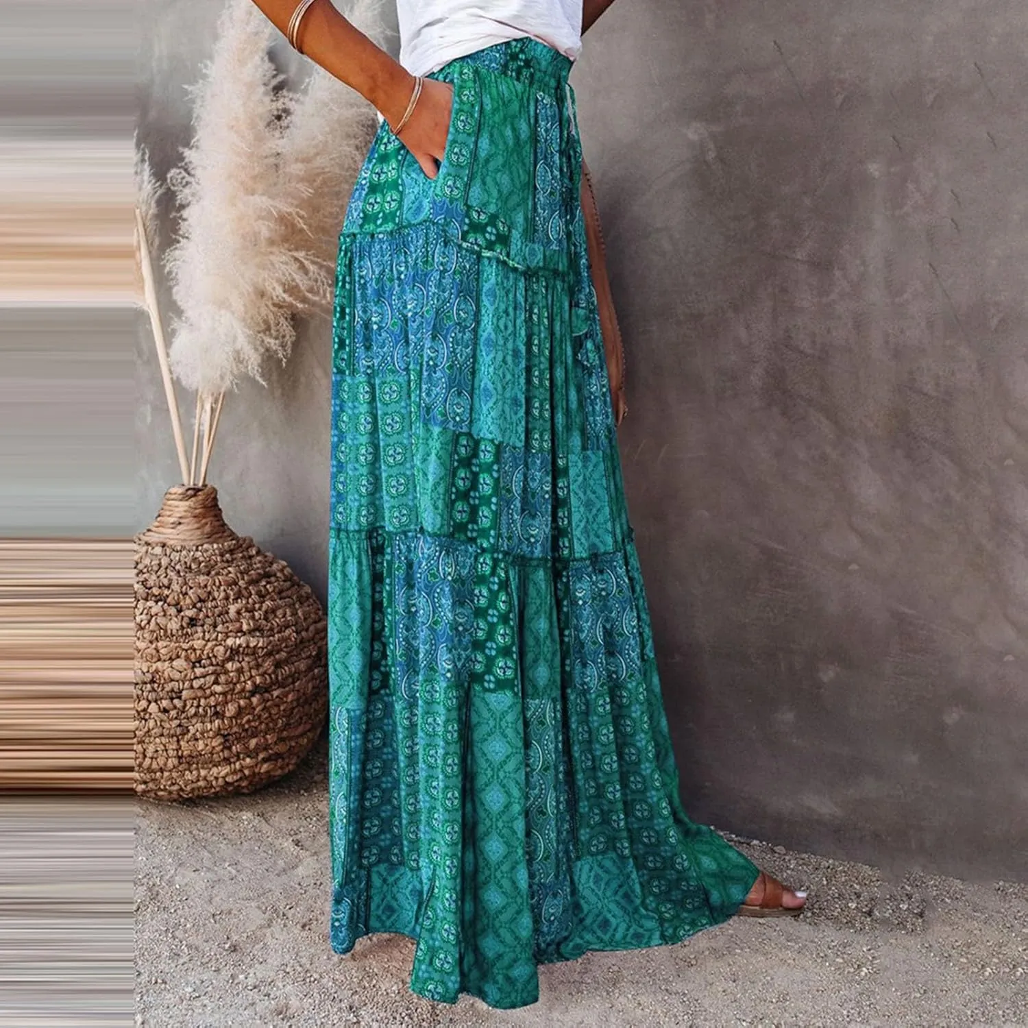 Summer Boho Floral Mixi Skirts for Women Girls A-Line Long Pleated Waist Flowy Swing Tiered Long Skirt with Pockets
