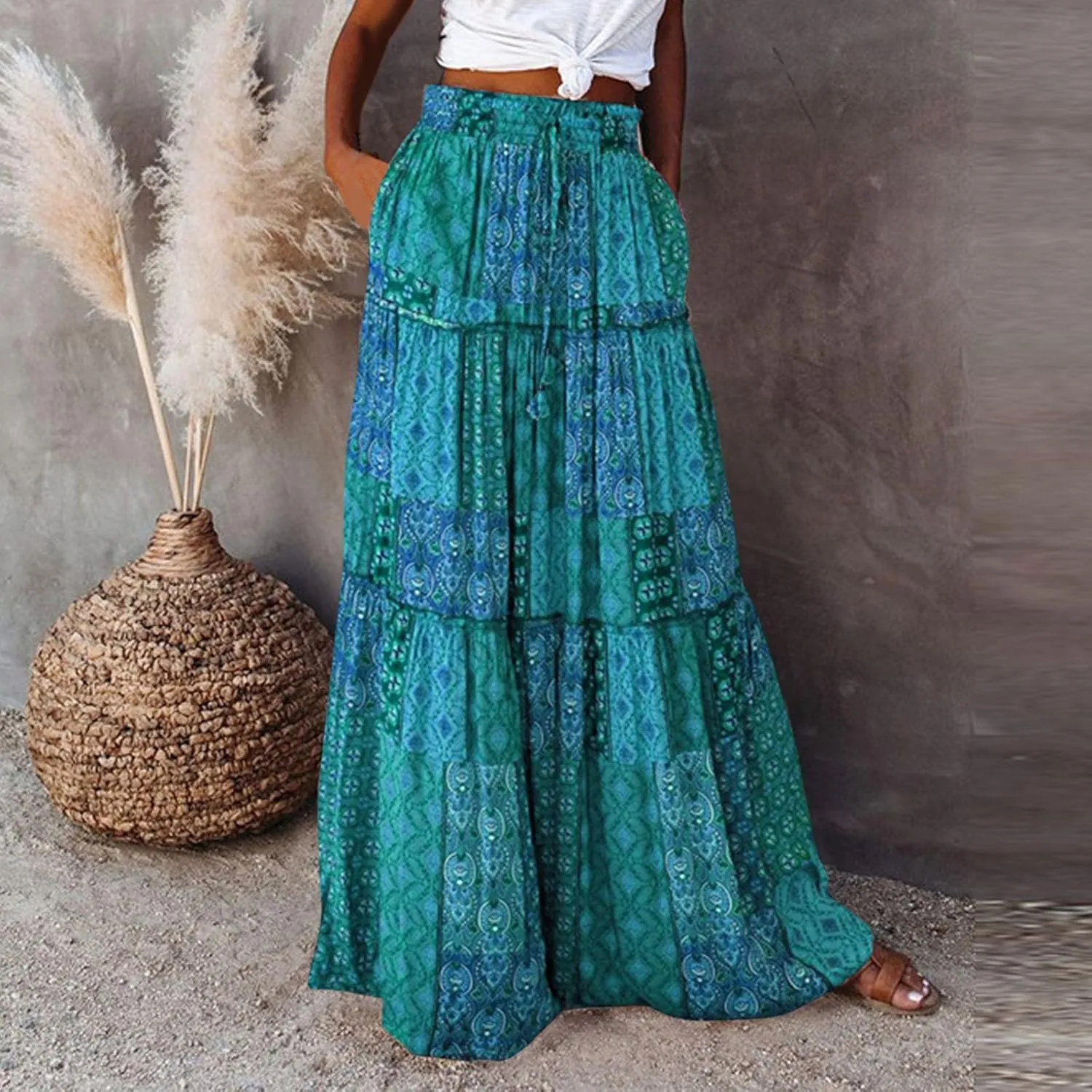 Summer Boho Floral Mixi Skirts for Women Girls A-Line Long Pleated Waist Flowy Swing Tiered Long Skirt with Pockets
