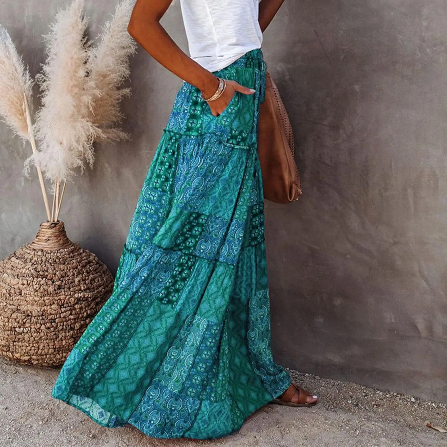 Summer Boho Floral Mixi Skirts for Women Girls A-Line Long Pleated Waist Flowy Swing Tiered Long Skirt with Pockets