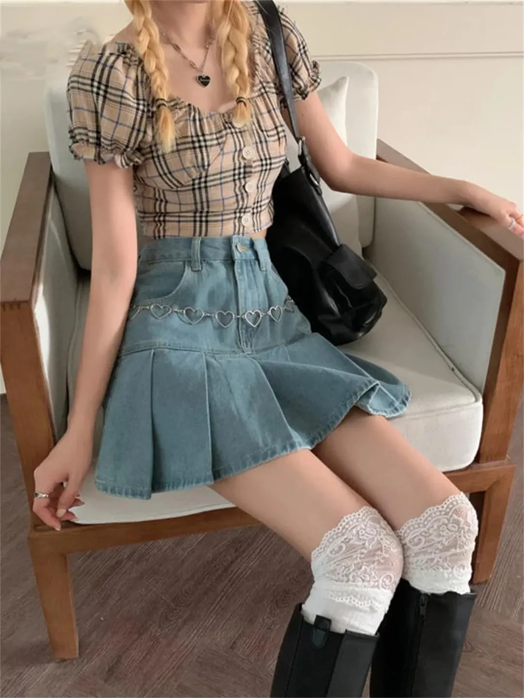 Summer Casual Denim Mini Skirt Women's High Waist Pleated Skirt Korean Style Short Culottes