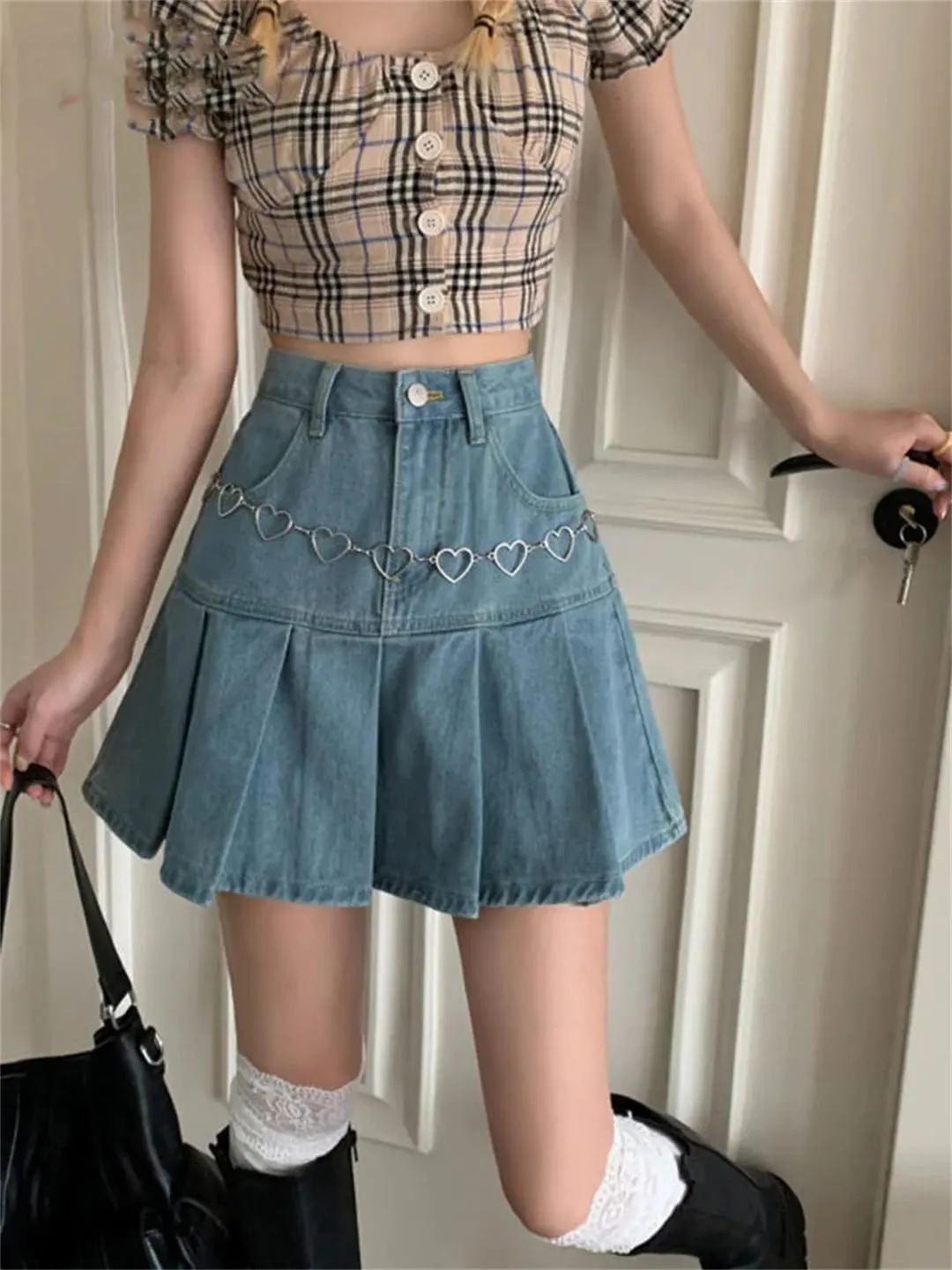Summer Casual Denim Mini Skirt Women's High Waist Pleated Skirt Korean Style Short Culottes