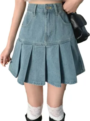 Summer Casual Denim Mini Skirt Women's High Waist Pleated Skirt Korean Style Short Culottes