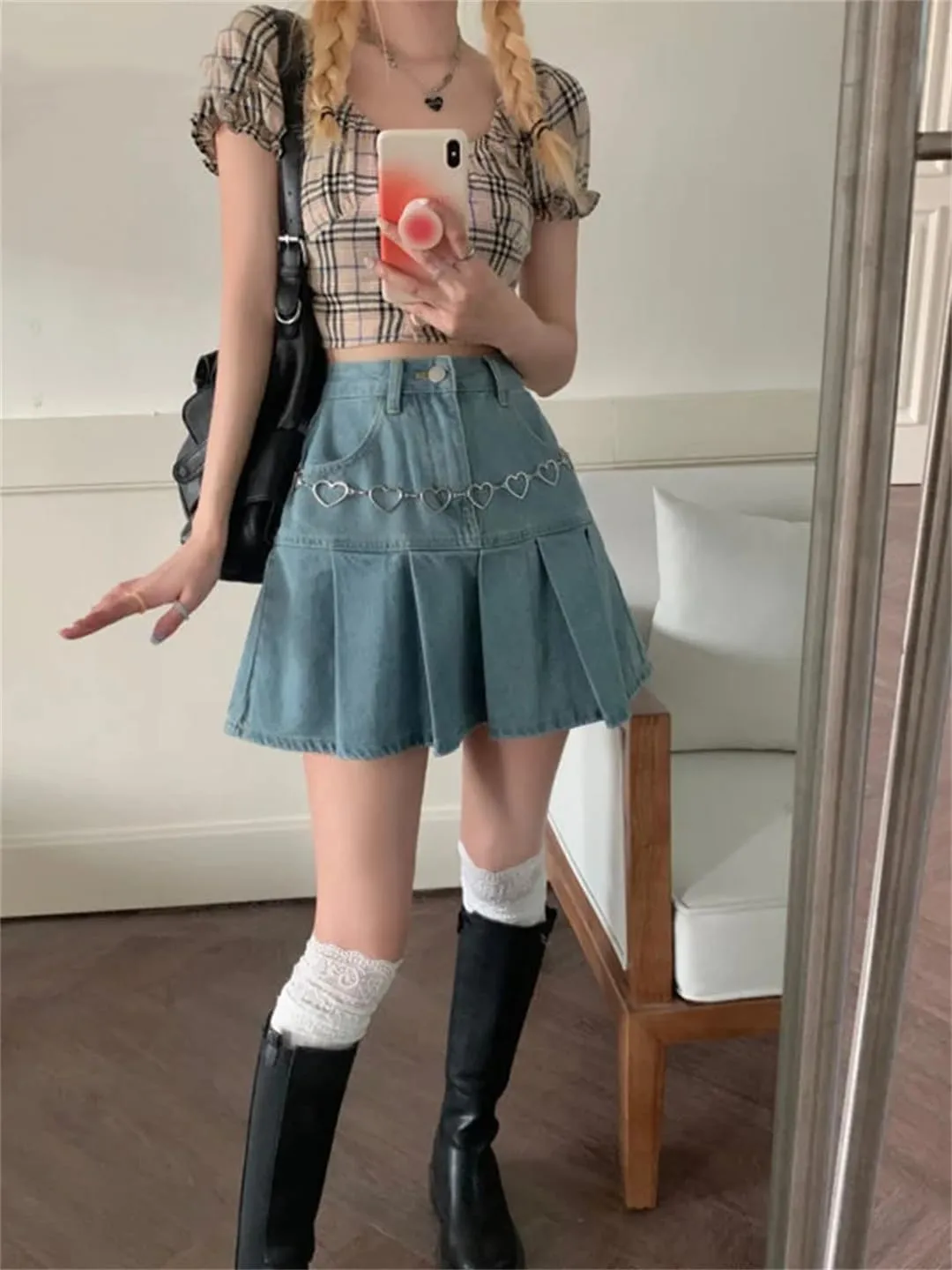 Summer Casual Denim Mini Skirt Women's High Waist Pleated Skirt Korean Style Short Culottes