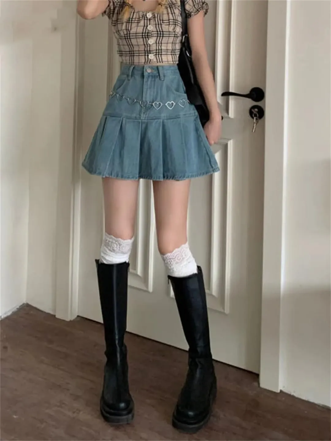Summer Casual Denim Mini Skirt Women's High Waist Pleated Skirt Korean Style Short Culottes