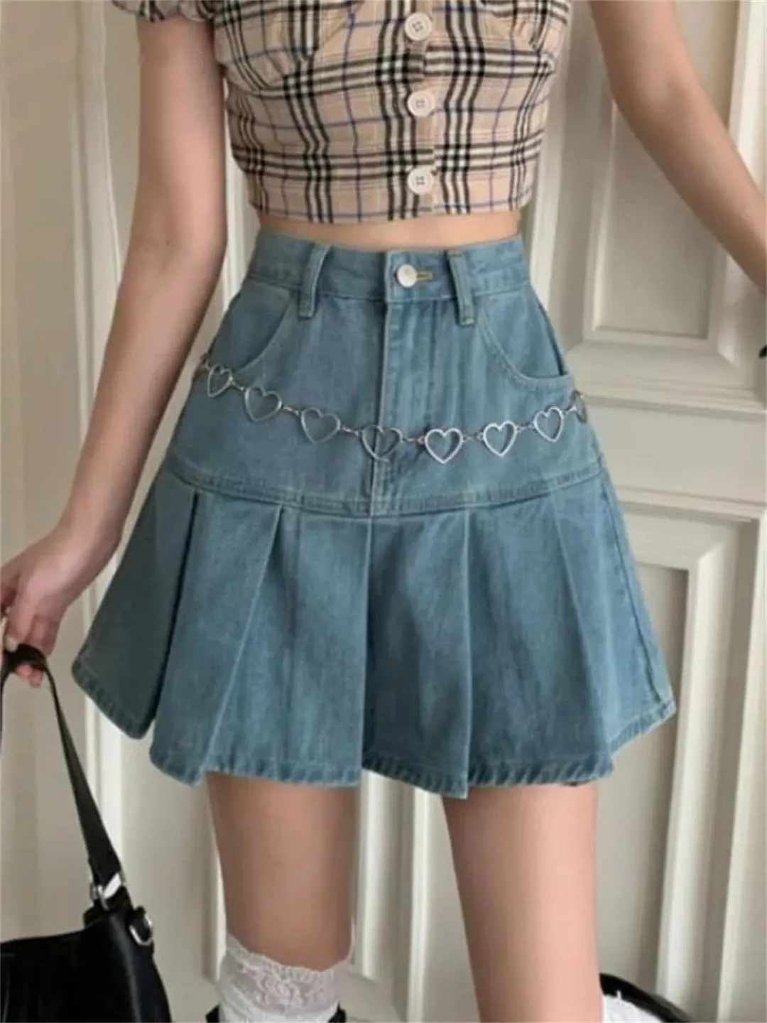 Summer Casual Denim Mini Skirt Women's High Waist Pleated Skirt Korean Style Short Culottes