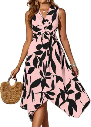 Summer Dresses for Women 2025 Floral Handkerchief Hem Midi Dresses Casual Flowy V Neck Tshirt Dress A Line Tank Dress