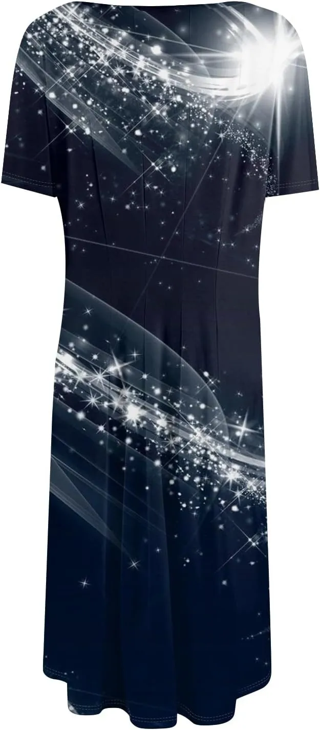 Summer Dresses for Women 2025 Midi Short Sleeve Round Neck Dresses Elegant Pleated with Side Pocket A Line Dress