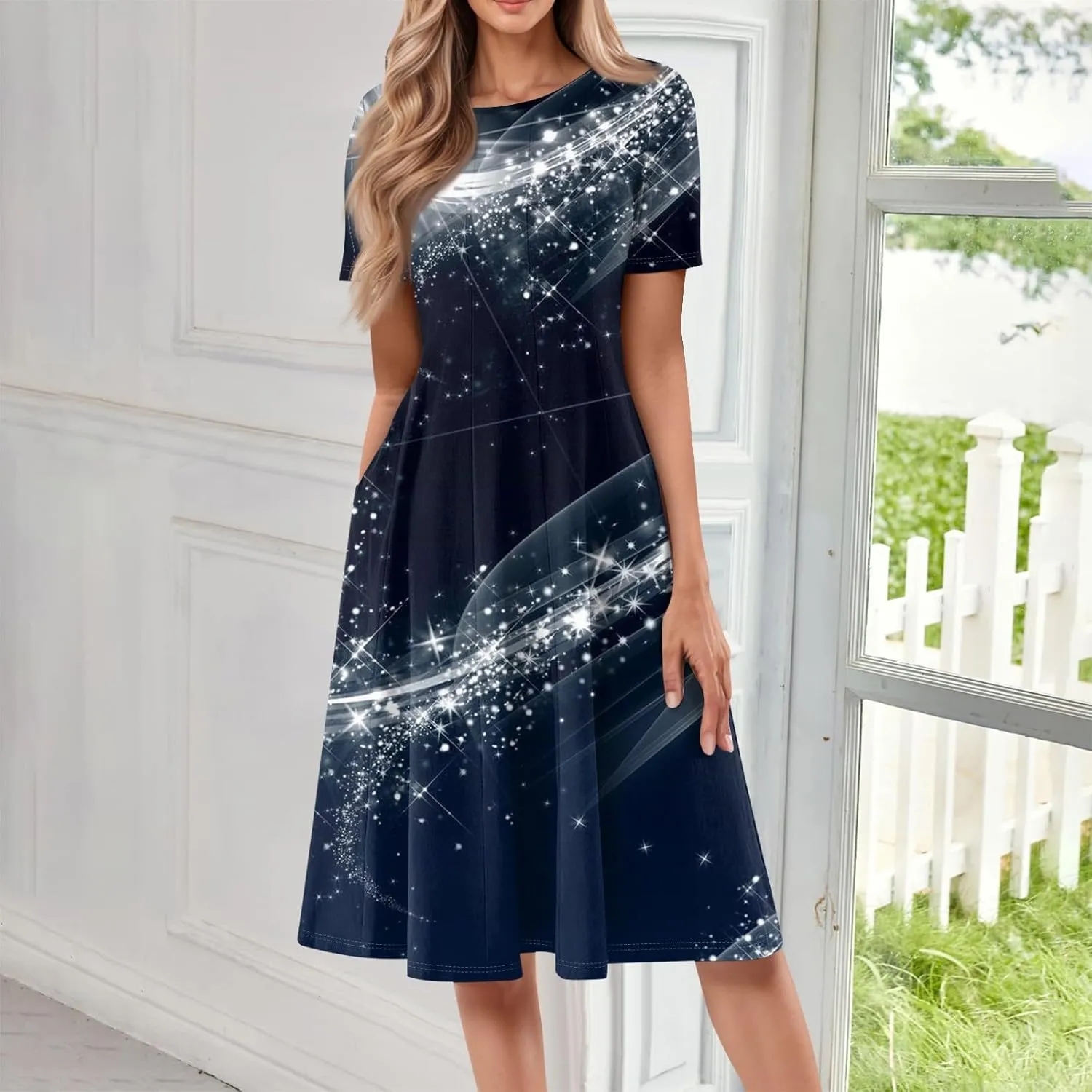 Summer Dresses for Women 2025 Midi Short Sleeve Round Neck Dresses Elegant Pleated with Side Pocket A Line Dress