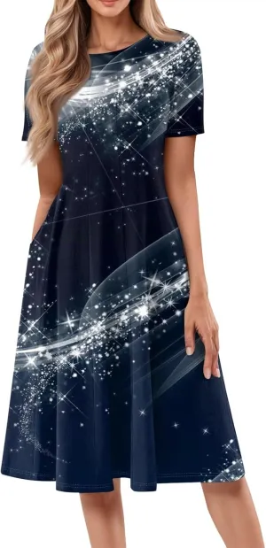 Summer Dresses for Women 2025 Midi Short Sleeve Round Neck Dresses Elegant Pleated with Side Pocket A Line Dress