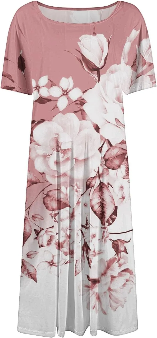 Summer Dresses for Women 2025 Trendy Casual Loose Summer Short Sleeve Beach Dress with Pockets Floral Short Sleeve