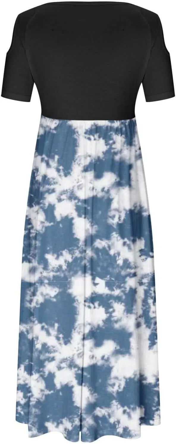Summer Dresses for Women 2025 Vacation Off Shoulder Short Sleeve Crewneck Maxi Dress Colorblock Printed Long Dress