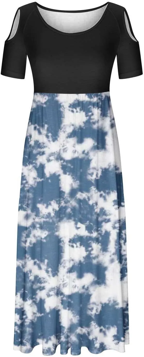 Summer Dresses for Women 2025 Vacation Off Shoulder Short Sleeve Crewneck Maxi Dress Colorblock Printed Long Dress