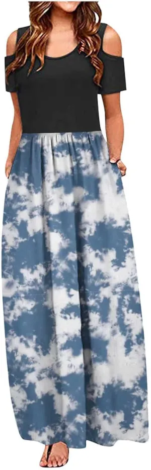 Summer Dresses for Women 2025 Vacation Off Shoulder Short Sleeve Crewneck Maxi Dress Colorblock Printed Long Dress