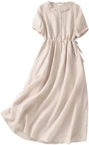 Summer Long Skirt Chiffon Lightweight Drawstring Waist Dress Crew Neck Solid Color A-Line Dresses
