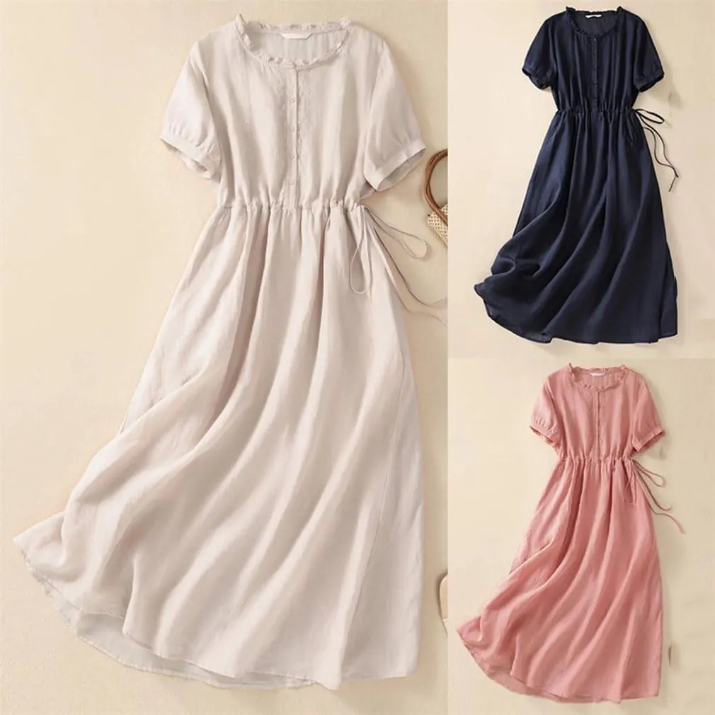 Summer Long Skirt Chiffon Lightweight Drawstring Waist Dress Crew Neck Solid Color A-Line Dresses