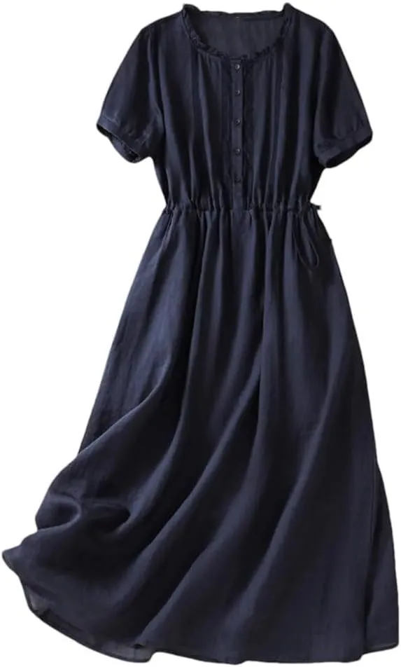 Summer Long Skirt Chiffon Lightweight Drawstring Waist Dress Crew Neck Solid Color A-Line Dresses