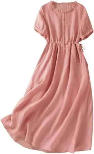 Summer Long Skirt Chiffon Lightweight Drawstring Waist Dress Crew Neck Solid Color A-Line Dresses