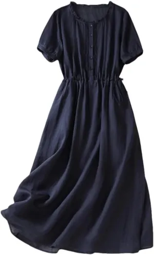 Summer Long Skirt Chiffon Lightweight Drawstring Waist Dress Crew Neck Solid Color A-Line Dresses