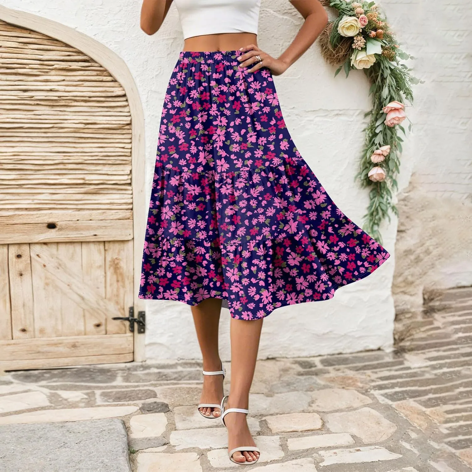Summer Midi Skirts for Women Floral Beach Flowy Boho Skirt Tiered Pleated Swing A Line Elastic High Waisted Skirt