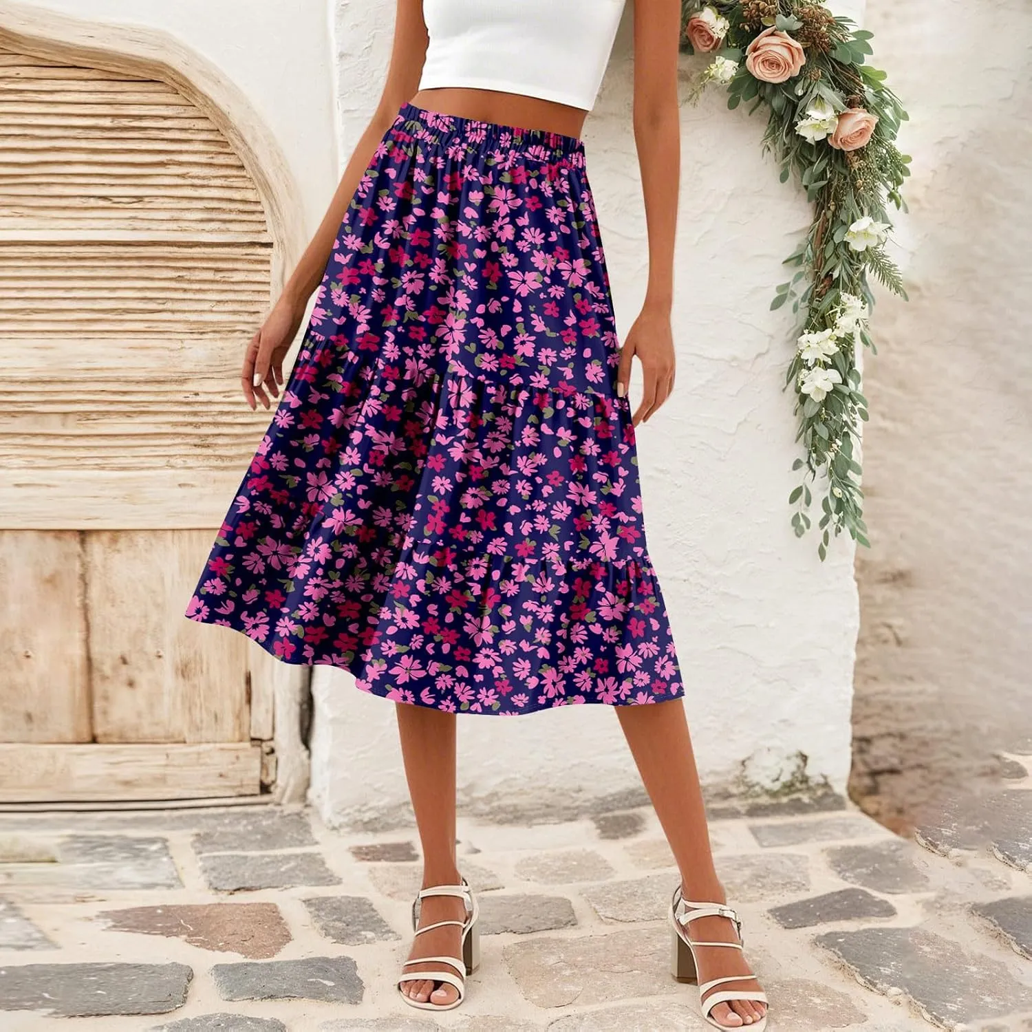 Summer Midi Skirts for Women Floral Beach Flowy Boho Skirt Tiered Pleated Swing A Line Elastic High Waisted Skirt