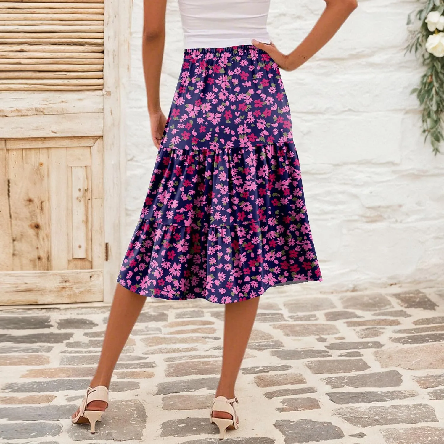 Summer Midi Skirts for Women Floral Beach Flowy Boho Skirt Tiered Pleated Swing A Line Elastic High Waisted Skirt