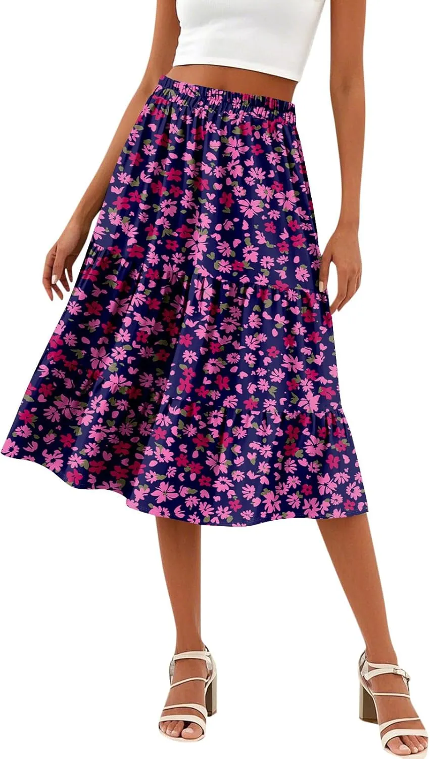 Summer Midi Skirts for Women Floral Beach Flowy Boho Skirt Tiered Pleated Swing A Line Elastic High Waisted Skirt